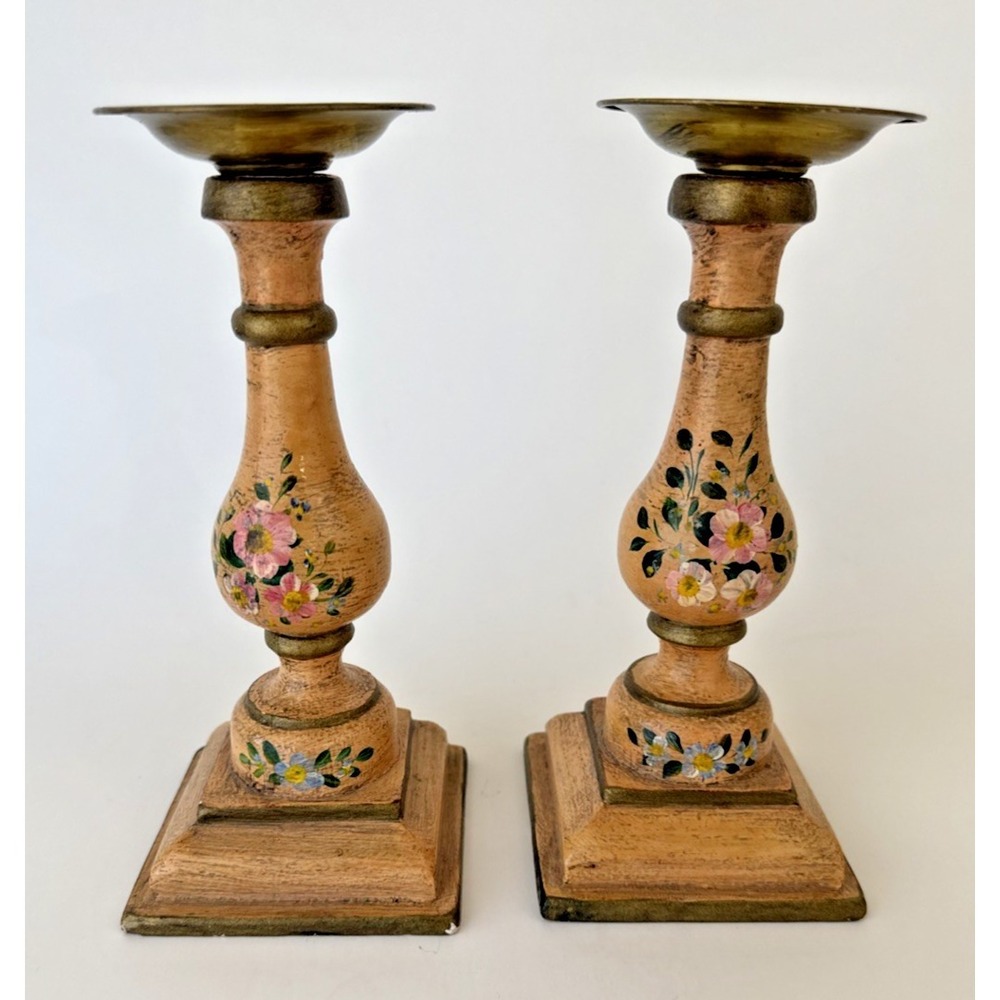 Pair Hand Painted Candlestick Holders Floral Germany Wood Cottagecore 7.5x3.5"